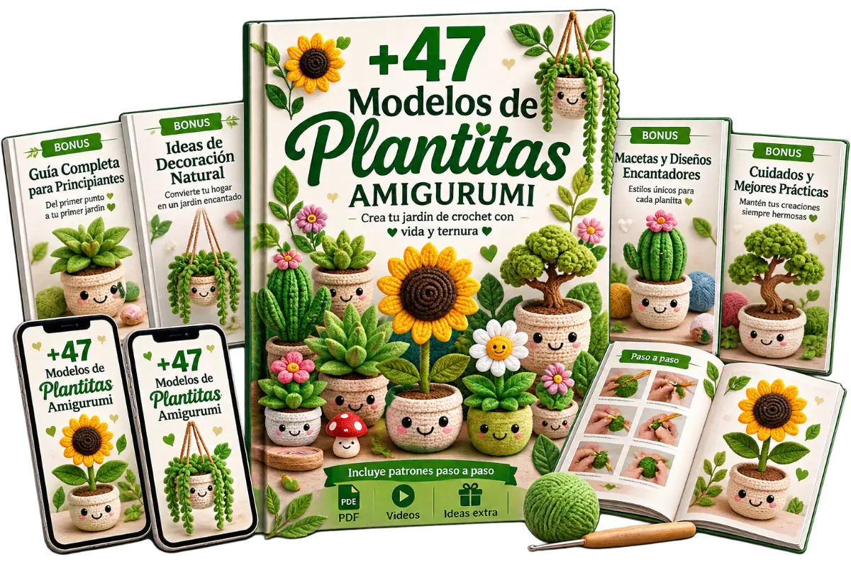 Pack Plantitas Amigurumi: +47 modelos de plantitas de crochet en macetero, con 4 bonos incluidos